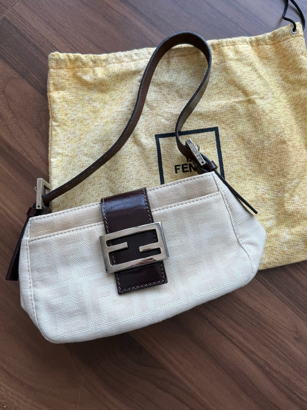 Fendi Cream and Brown Canvas Mini Baguette Shoulder Bag
